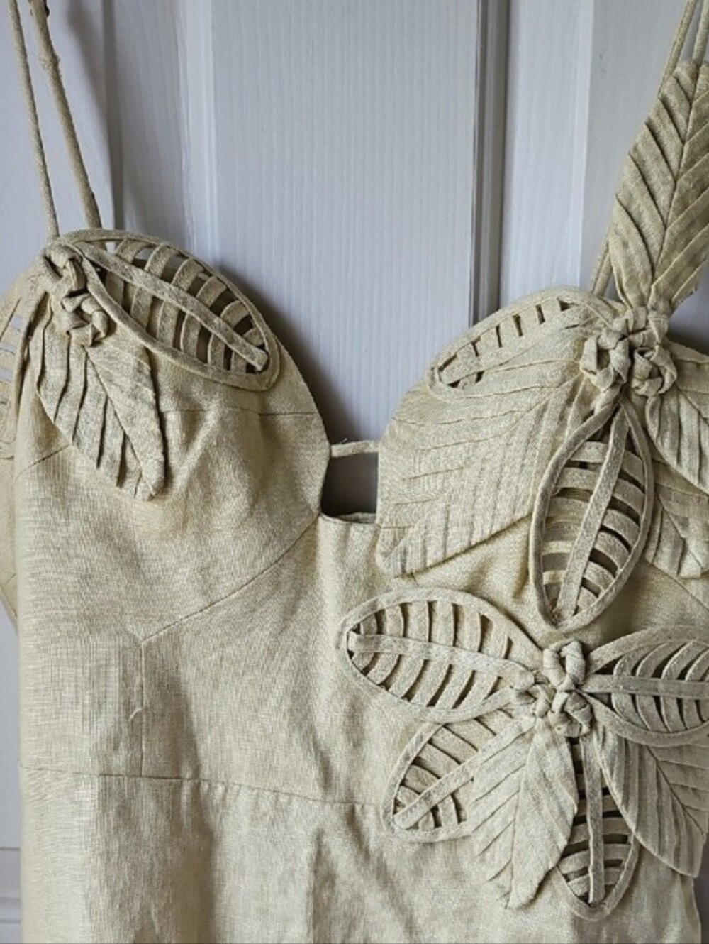 FARM Rio Olive/Sand Color Flower A-Line Linen Midi Dress - Picture 9 of 11